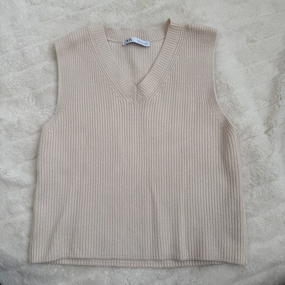 Zara Beige Ribbed V-Neck Sweater Vest